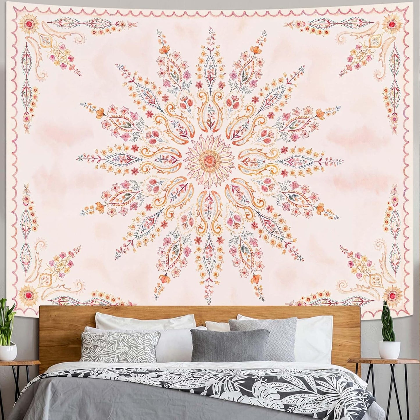 Fowocu Boho Floral Mandala Tapestry for Bedroom Aesthetic Pink Bohemian Flower Wall Tapestry Watercolor Hippie Indian Large Tapestries Wall Hanging for Living Room Dorm Decor 80 x 60 Inch
