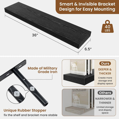 fuqing Floating Shelves for Wall, Bathroom Shelf Wall Mounted for Storage, Shelves with Invisible Bracket for Bedroom, Kitchen, Living Room, Farmhouse Small Book Shelf, 36 Inch Set of 2, Black