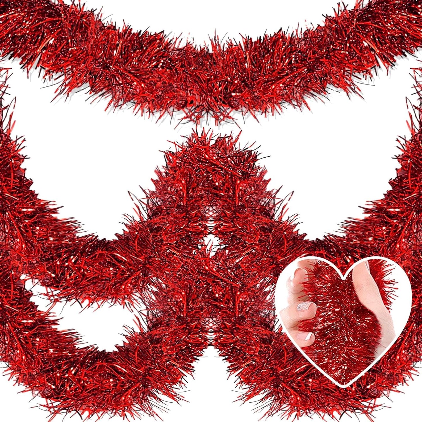 50 Feet Christmas Tinsel Garland, Metallic Twist Wall Hanging Tinsel Backdrop for Parade Floats, Carnival, Birthday, Wedding, New Year Party Decorations (Red, 2in x 50ft)