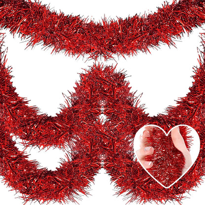 25 Feet Metallic Twist Tinsel Garland - Wall Hanging Backdrop for Parade Floats, Christmas Eve, New Year, Valentine's Day Parties (Red, 4in x 25ft)