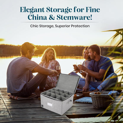 Wine Glass Storage, Holds 12 Stemware Glasses, Stackable, Fully-Padded Inside with Hard Top and Sides (Grey)