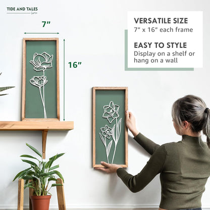 3D Floral Green Wall Art (Set of 2) Lightweight, Wooden Ready-to-Hang Boho Framed Wall Art for Bathroom, Bedroom, Living Room or Office – Premium Sage Green Farmhouse Decor – Gift-Boxed