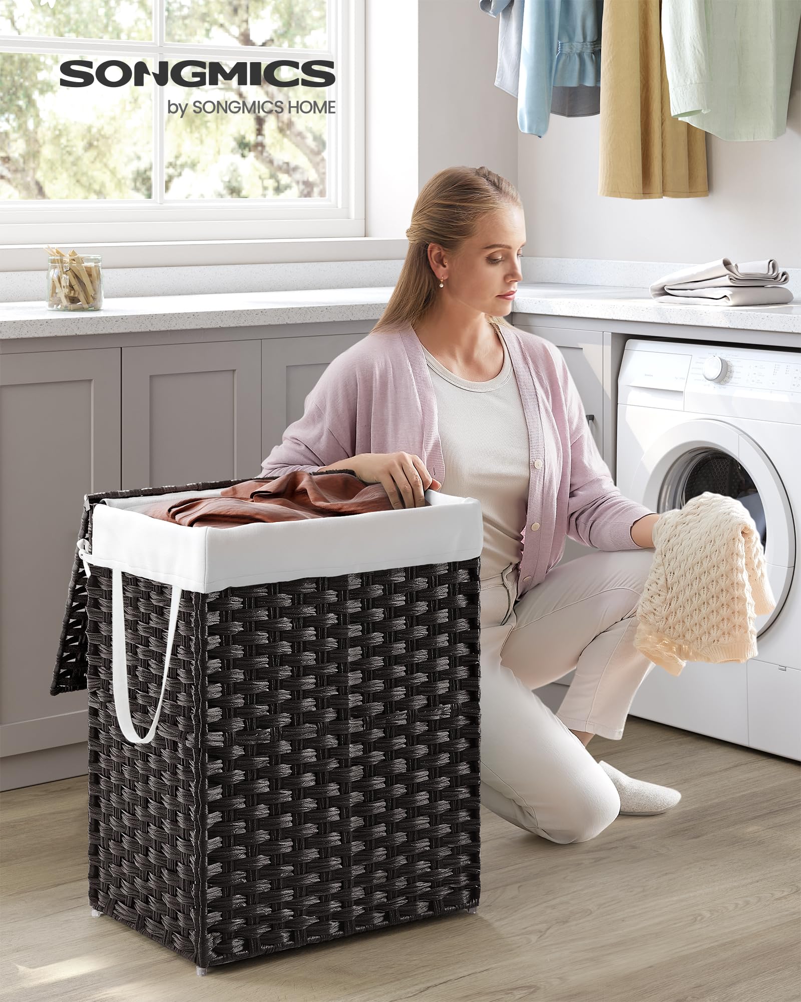 SONGMICS Laundry Hamper with Lid, 23.8 Gallon (90 L) Synthetic Rattan Clothes Laundry Basket with