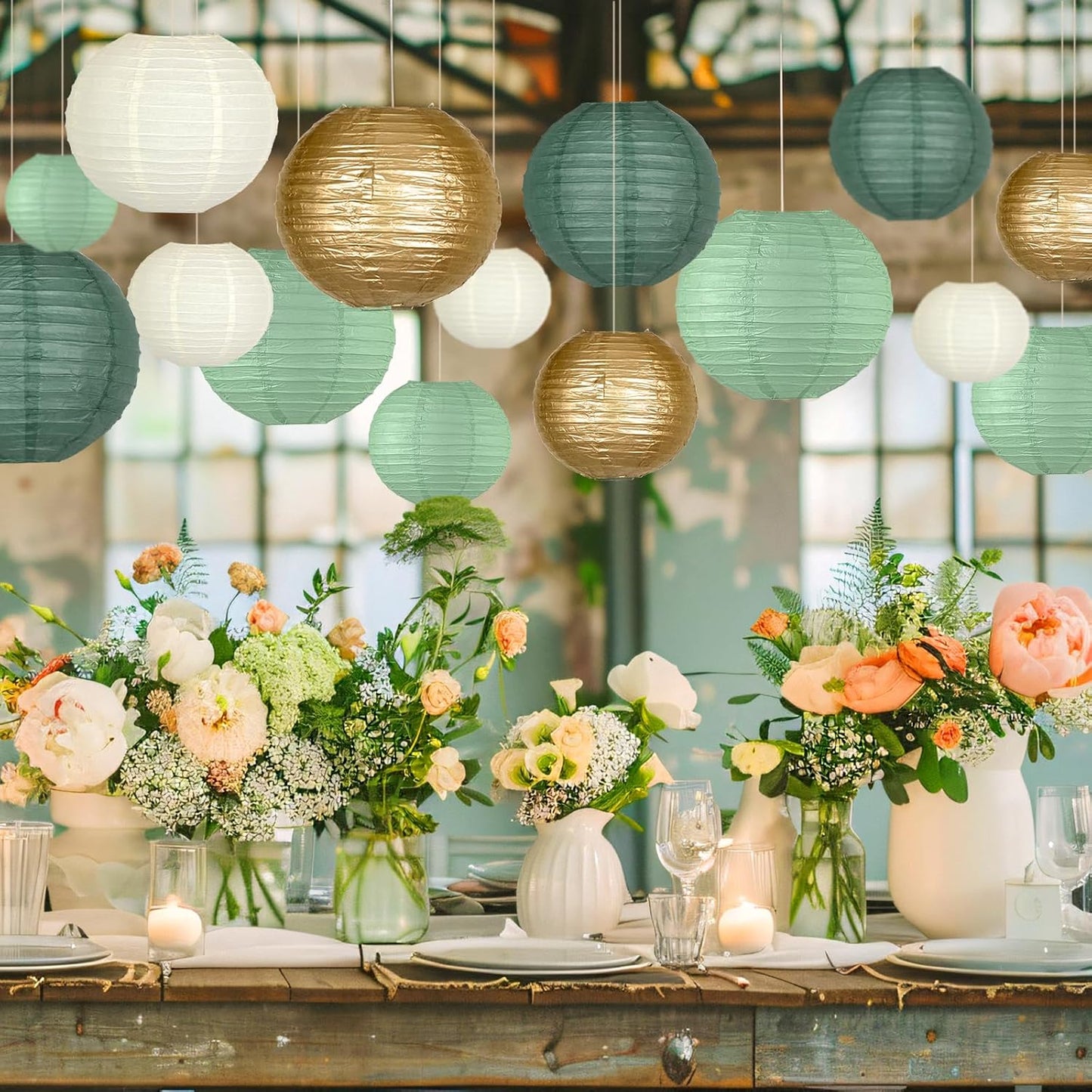 Paper Lanterns Decorative, Round Paper Lanterns Decorations Sage Green/Forest Green/Gold/White for Rustic Party Birthday Party Bachelorette Engagement Wedding Baby Shower 15pcs