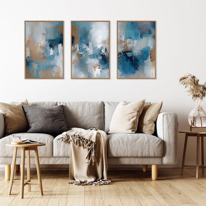 HLNIUC Large Blue Abstract Framed Canvas Wall Art,Blue and Brown Brush Strokes Wall Decor Set of 3(16”x24”)Neutral Modern Wall Painting,Watercolor Minimalist Abstract Art Print for Living Room,Bedroom