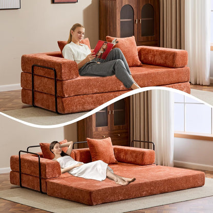 Convertible Sleeper Sofa Bed, Compression Folding Sofa with Pillow, No Assembly Required, Shape Frame, Floor Sofas Lounge Couch for Living Room, Bedroom, Small Spaces (Chenille, 77''W, Orange)