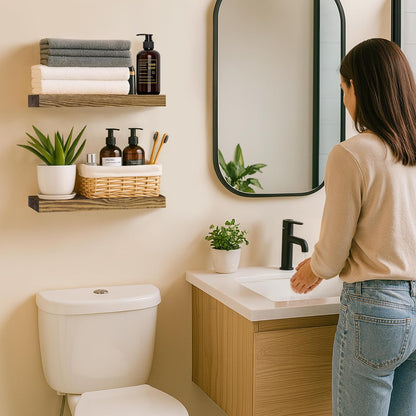 BGMG Wood Floating Shelves for Wall 18 inch Set of 2, Rustic Wooden Wall Mount Shelves for Bathroom Living Room Bedroom Kitchen Farmhouse Set of 2-18x 6.7 x1.25 inch- Walnut Color