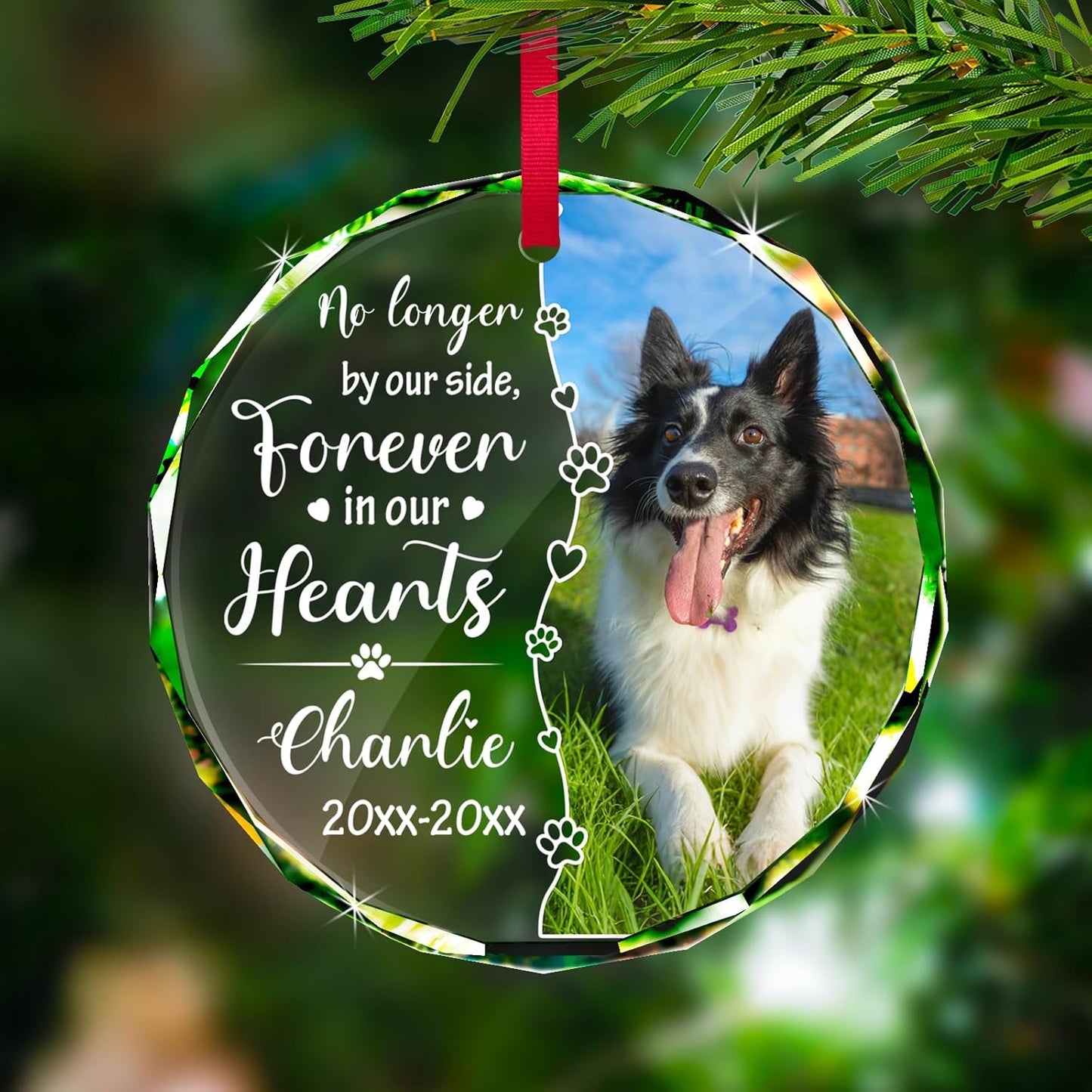 Personalized Memorial Pet Glass Ornament - Custom Picture Christmas Ornaments, Dog Forever in Our Hearts Hanging Ornament Xmas Tree Decor for Dog Lovers