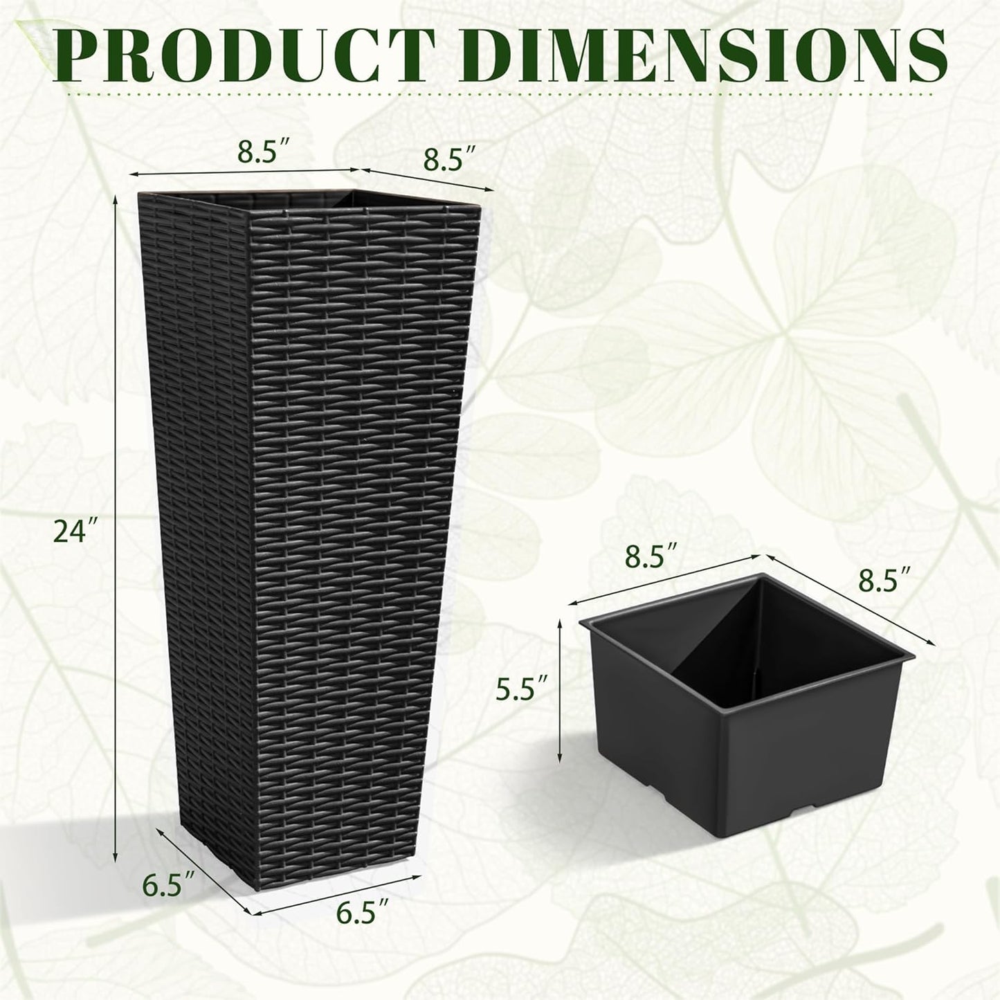 JUMMICO Set of 2 Resin Rattan Tall Planters for Outdoor Plants, Large Tapered Planters with Drainage Holes&Inner Trays, Flower Pots for Garden, Patio, Porch, Backyard (Black, 24'')