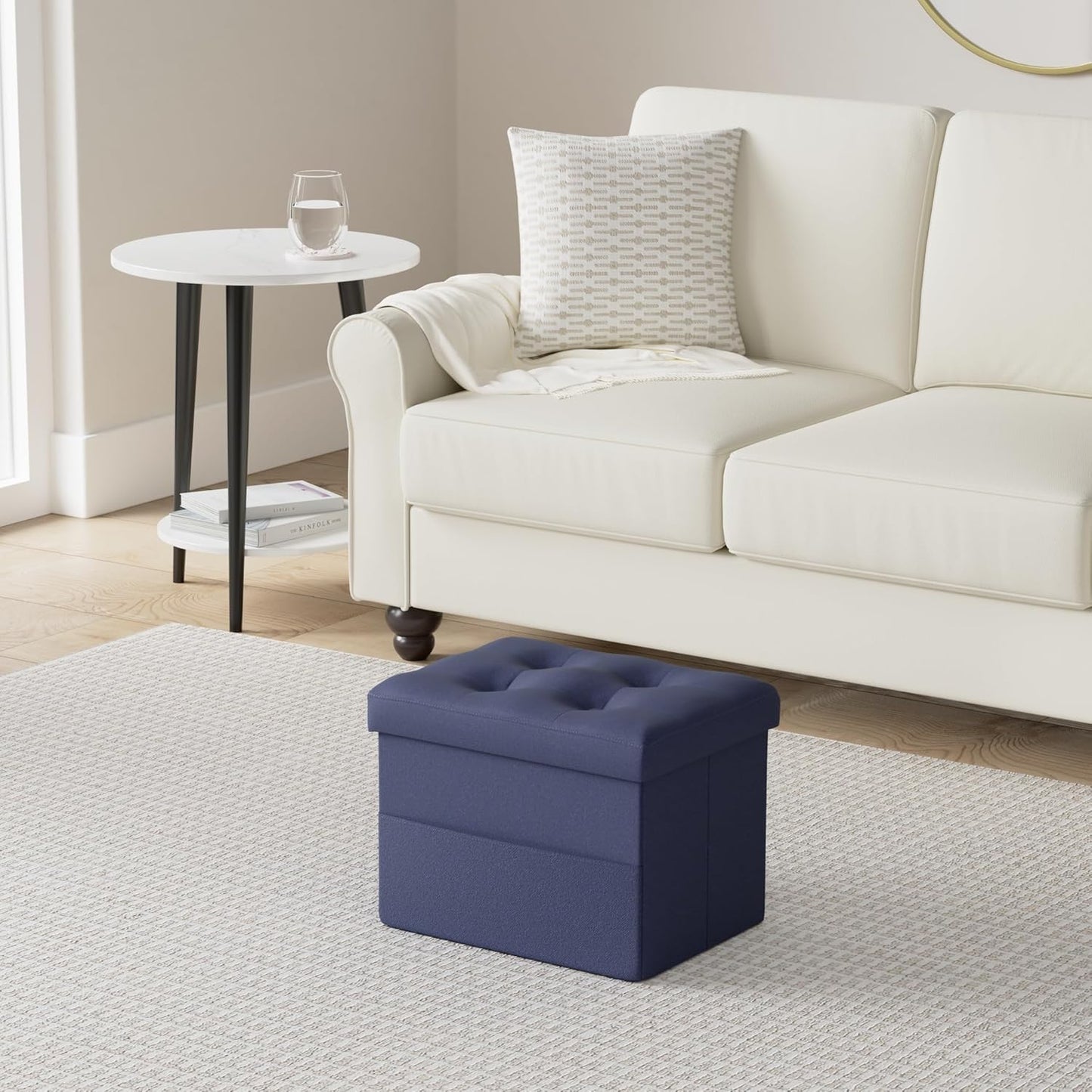 LINMAGCO Storage Ottoman Folding Foot Stool Foot Rest with Side Pocket Modern Ottoman with Storage Short Sofa Stool Linen Cloth 17x13x13(Navy)