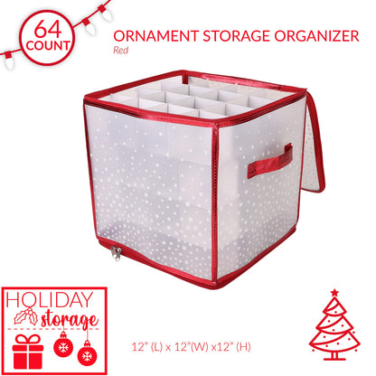 Simplify 64 Count Ornament Storage Box | Plastic | Decorative Organizer | Storage Bin | Red | L12 x