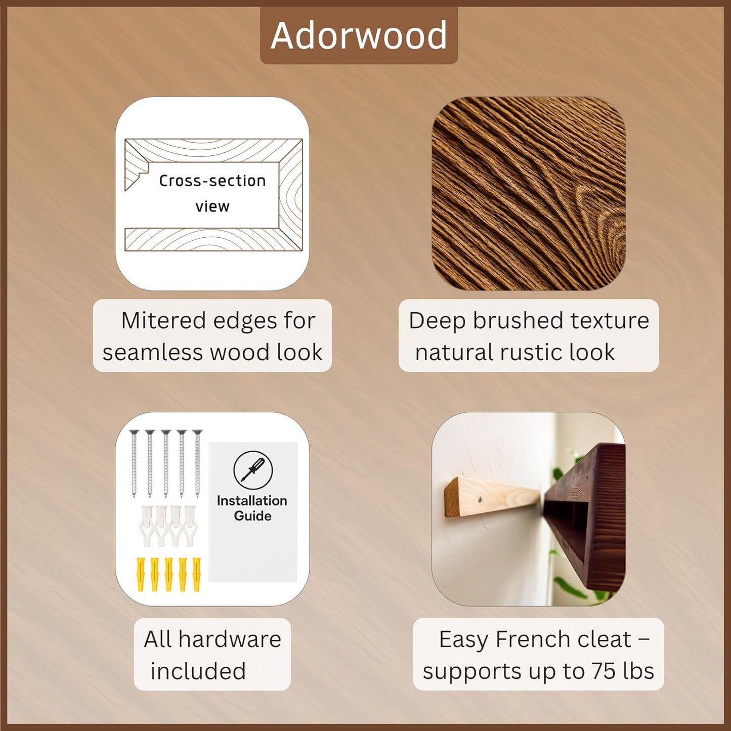 Handmade Fireplace Mantel Shelf 60", Rustic Wood Mantles for Over Fireplace, Wall Mounted Floating Mantel Shelves for Living Room Decor (Light Rustic, 60Lx6Hx8D)