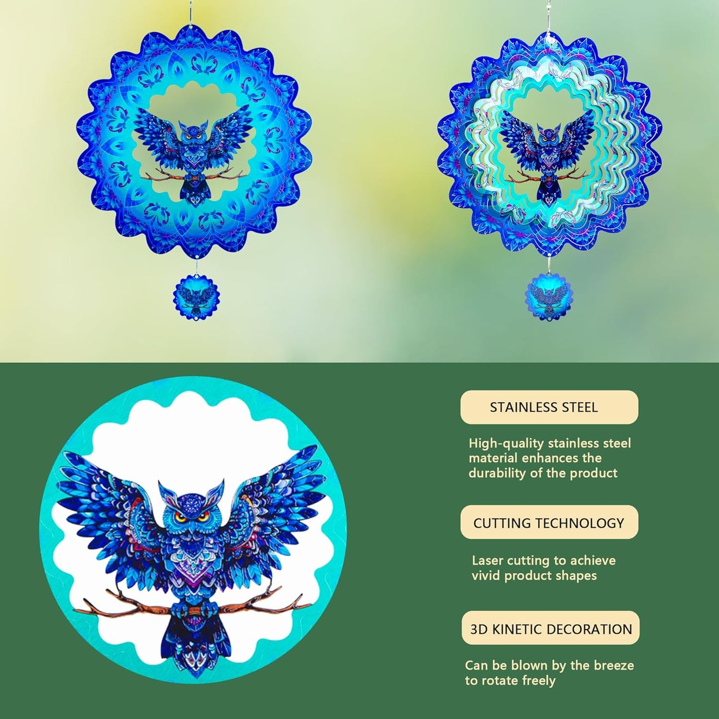 Owl Gifts for Women Men, Owl Hanging Wind Spinners Outdoor, 12Inch 3D Stainless Steel Reflective Wind Spinners Garden Decor