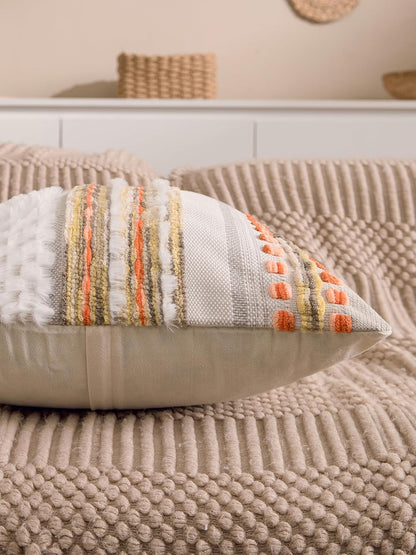 Fall Boho Chenille Tufted Throw Pillow Covers 18x18 Inch Set of 2 Farmhouse Striped Couch Decorative Pillow Covers Accent Neutral Pillowcase Yellow Orange Cushion Cover for Livingroom Sofa Bed