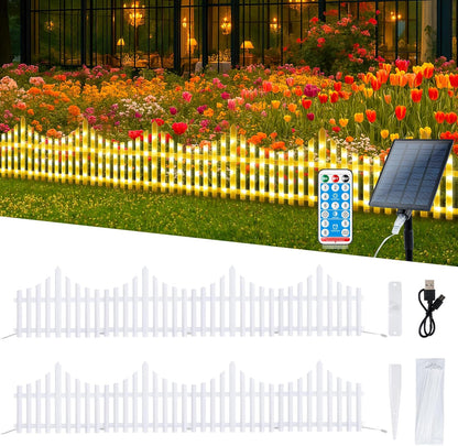 Hopolon 8 Pack White Picket Fence for Garden, 11.1in (H) X 9.1ft (L) Garden Fence Border with 144 Led Solar Lights and Remote, Decorative Mini Pocket Fence for Small Flower Path Tree Yard Pet Barrier