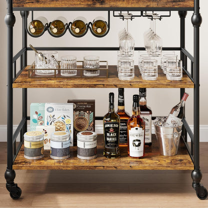 Bar Cart, Bar Carts for The Home, 3 Tier Serving Cart with Wheels, Home Bar & Serving Carts, Metal Rolling Cart with Wine Rack & Removable Tray for Kitchen, Dining Room, Living Room-Retro Brown