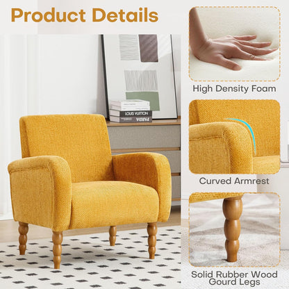 Chenille Fabric Accent Chairs Set of 2, Upholstered Armchair with Solid Wood Legs, Modern Living Room Accent Chair, Comfy Single Sofa Reading Club Chair for Bedroom Reception Lounge, Yellow