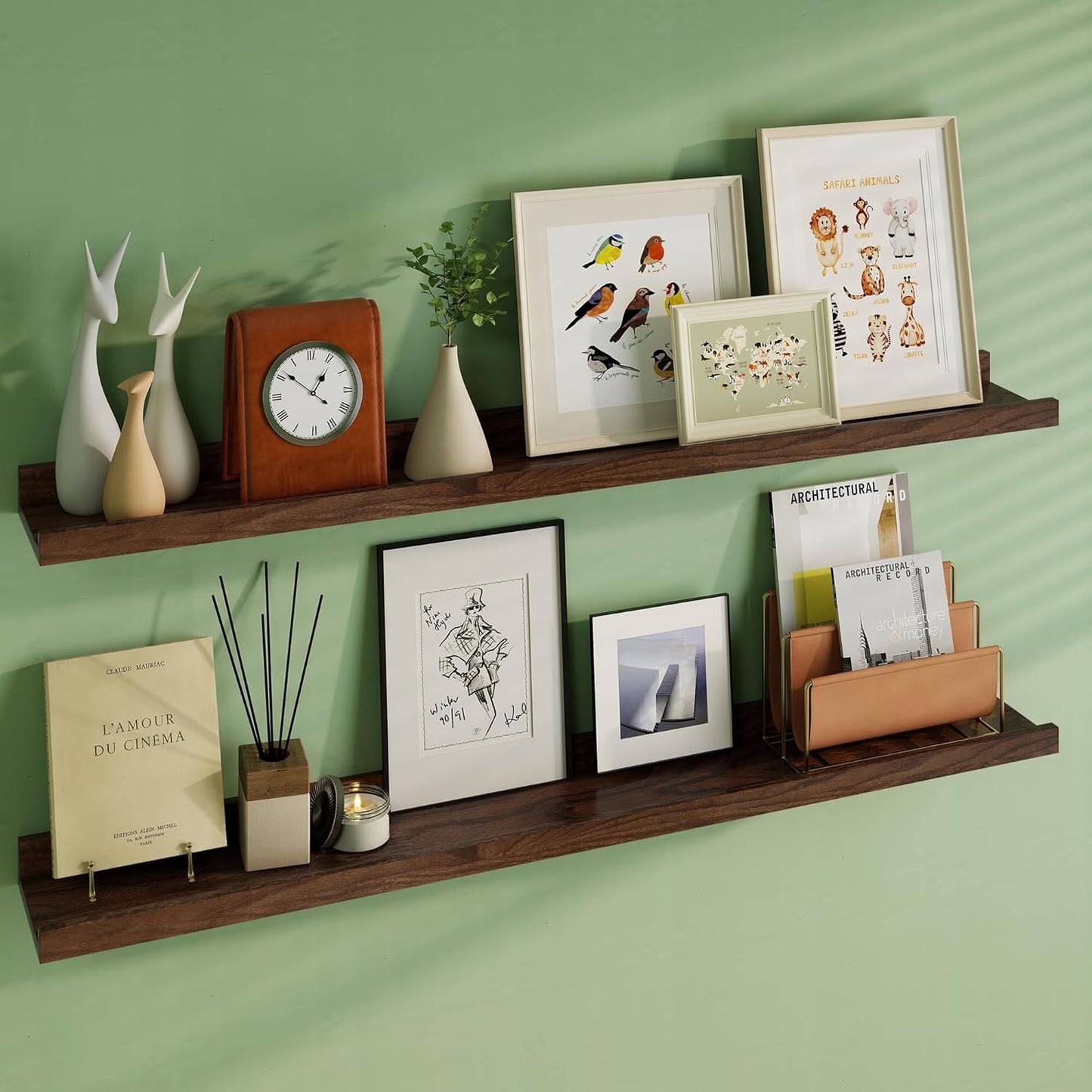 Floating Picture Ledge Shelves 48 Inch Solid Oak Wood Set of 2, Rustic Wall Storage Shelves with Lip, Kids Bookshelf, Photo & Picture Ledge Shelves for Bedroom, Living Room, Kitchen