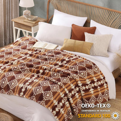 CASAAGUSTO Boho Sherpa Throw Blanket, Aztec, Ultra Soft, Warm, Cozy, Plush, Thick Fleece Bohemian Throw Blanket for Couch, Bed, Sofa (Terracotta 50 * 60 Inch)
