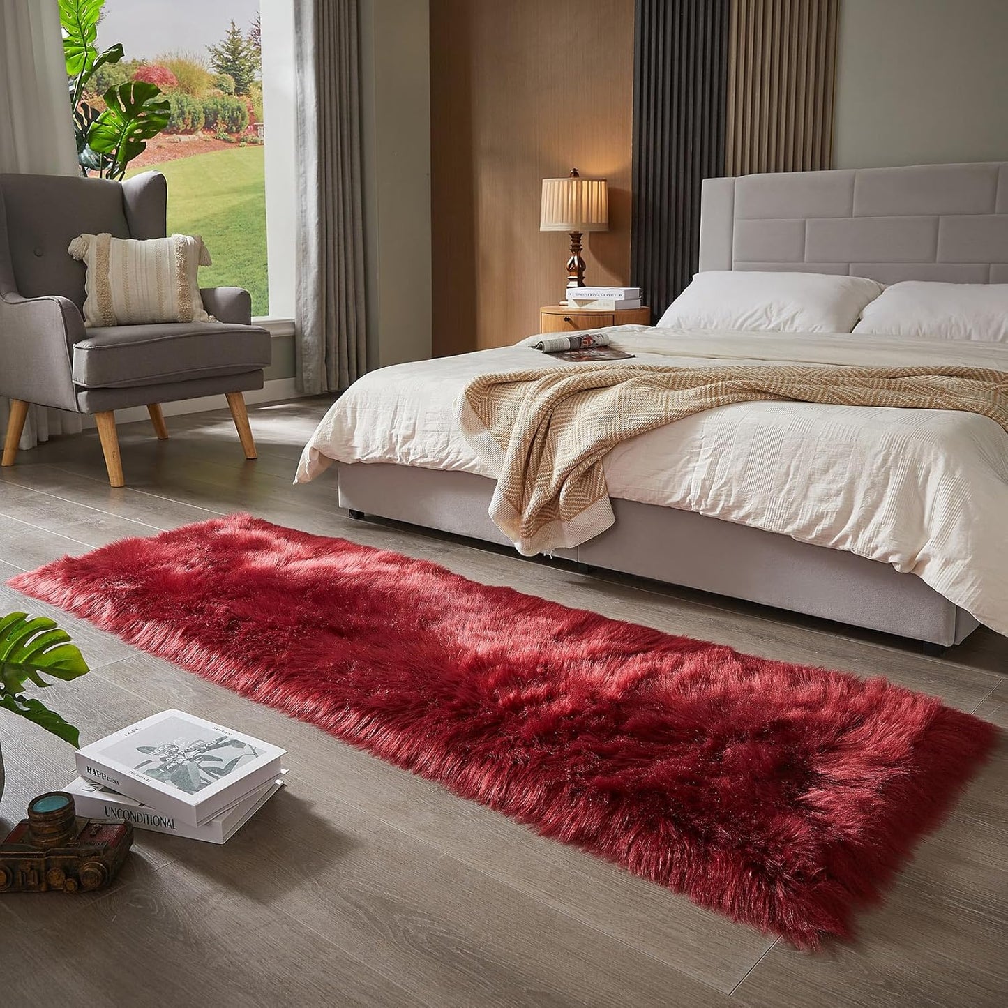 AMTOVO Faux Fur Rug, Burgundy Ultra Soft Fluffy Shag Sheepskin Rug, 2 x 6 ft Runner Area Rugs for Bedroom Sofa Throw Cushion Room Decor, Rectangle