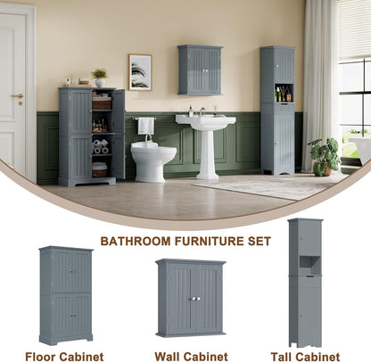 ChooChoo Bathroom Floor Cabinet, Modern Bathroom Storage Cabinet with 4 Doors and Adjustable Shelves, Freestanding Cupboard for Living Room, Grey