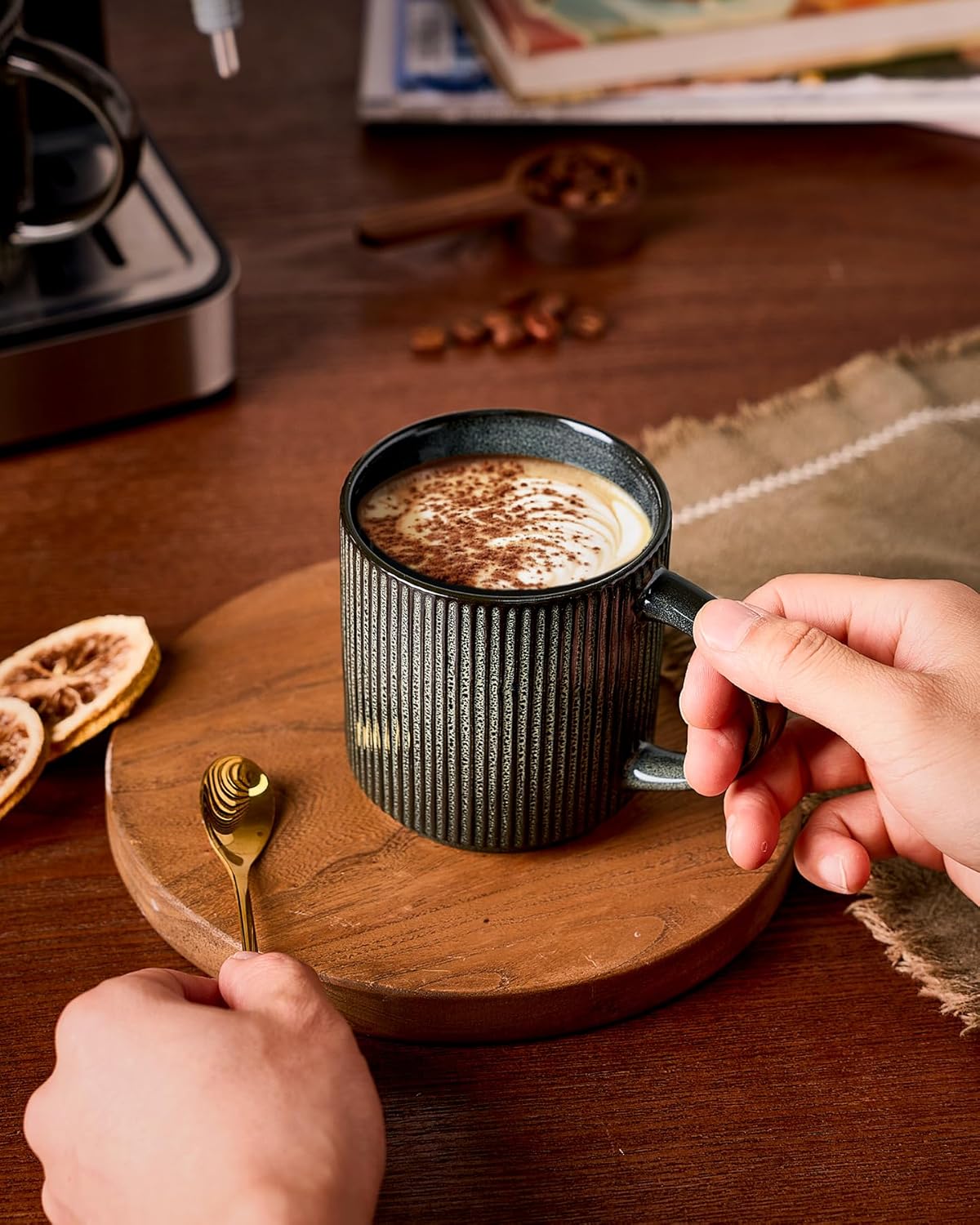 famiware Coffee Mug Set for 6, Star 12 oz Catering Mugs Cup Set with Handle for Coffee, Tea, Cocoa, Milk - Ceramic Stoneware Drinkware Set, Deep Forest