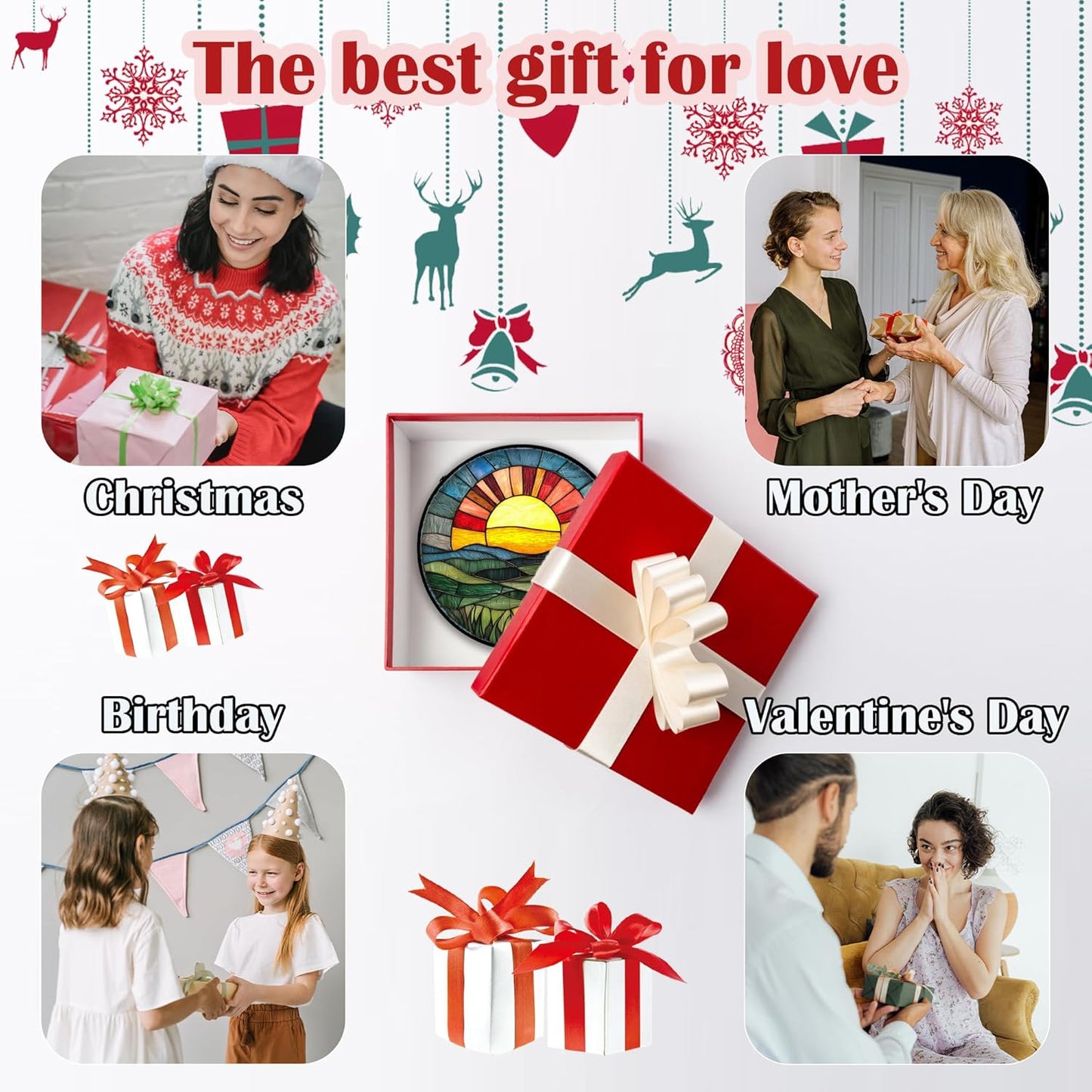 Stained Glass Window Hanging, Golden Red Sun Green Mountain Suncatcher for Window Home Decor Nature Landscape Sun Catcher Mother's Day Birthday Gifts for Women Men Mom Nana 11.8 in