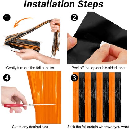 2 Pack Halloween Photo Backdrop, 3.28 FT x 7.05 FT Orange and Black Party Streamer, Metallic Foil Fringe Curtains Tinsel Backdrop, Halloween Birthday Party Decorations Hanging Decor Indoor