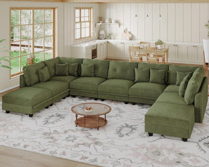 LLappuil Modular Sectional Sofa with Storage Seats, Corduroy Convertible Modular U Shaped Sectional Couch for Living Room, 9 Seat Oversized Sofa with 9 Back Cushion 9 Throw Pillow, Green