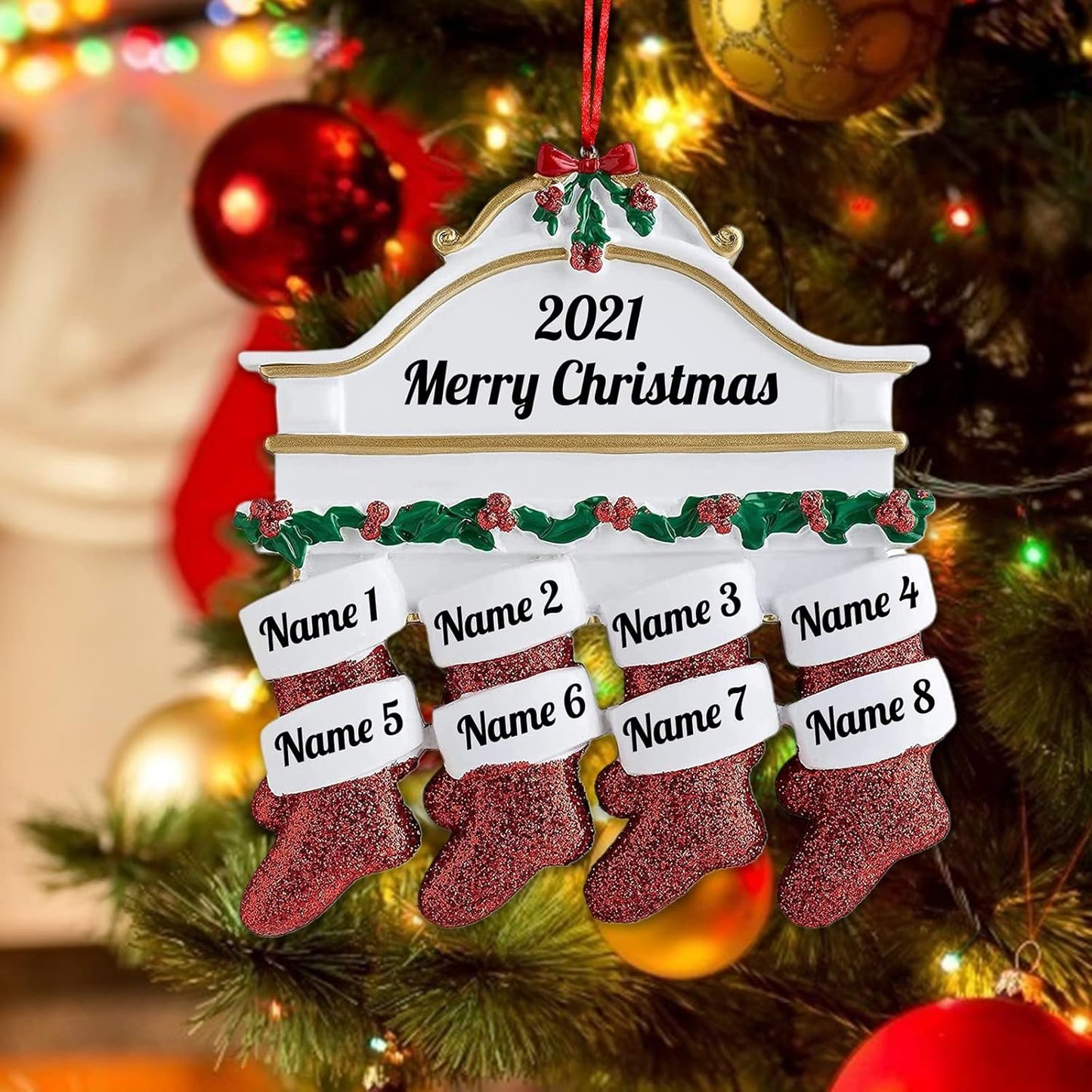 Personalized Christmas Ornaments Family of 2,3,4,5,6,7,8 Custom Christmas Stocking Ornaments with Names, Customized Xmas Day Home Christmas Tree Decora- Family of 8