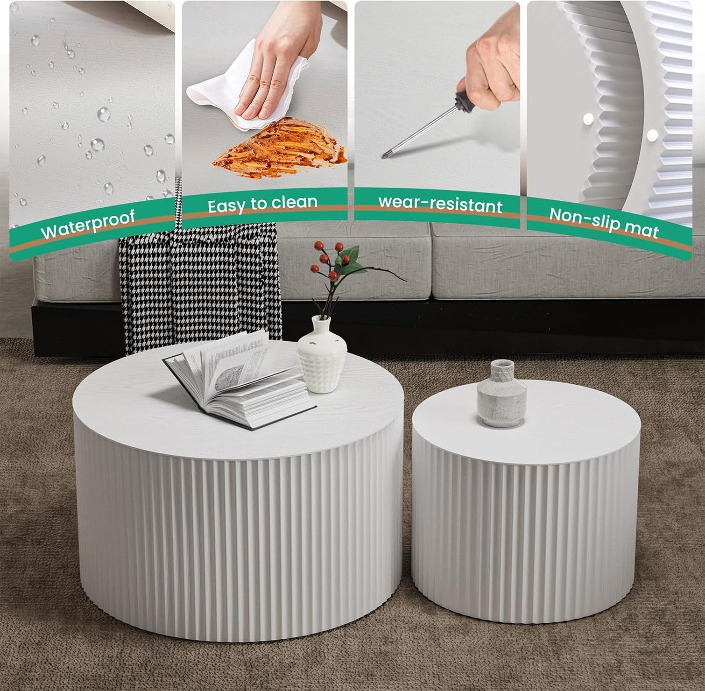 Round Nesting Coffee Table Set of 2 Handcraft Circle Fluted Nesting Coffee Tables Circular Side Table Drum Accent End Tables for Living Room Bedroom (White A Large)