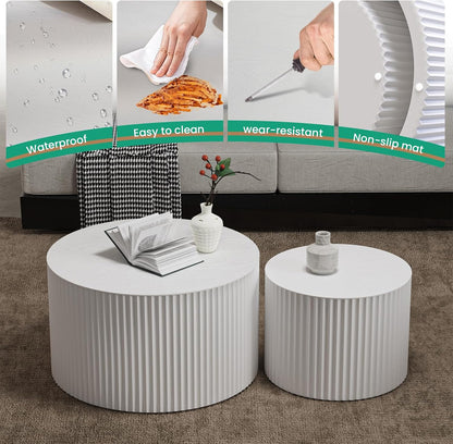 Round Nesting Coffee Table Set of 2 Handcraft Circle Fluted Nesting Coffee Tables Circular Side Table Drum Accent End Tables for Living Room Bedroom (White A Large)