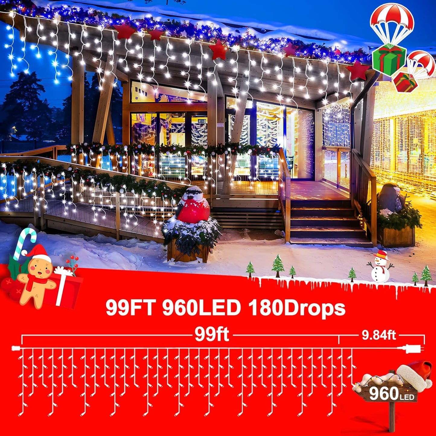KNONEW 99ft 960 LED Christmas Lights Outdoor Decorations with 180 Drops, 8 Modes Curtain Fairy Light, Clear Wire LED String Light Indoor Decor for Wedding Party Christmas(Cool White)