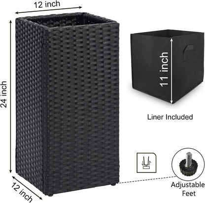 SUNNYPARK 2 Pack Tall Planters for Outdoor Plants Rattan Modern Tall Square Planter Box with Removable Liners Indoor Outdoor Porch Patio Flower Pot (12’’ x 12’’ x 24’’)