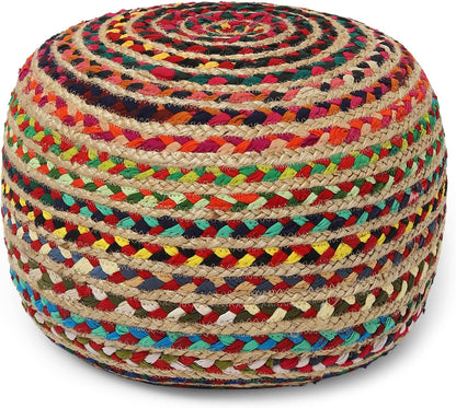 REDEARTH Round Pouf Ottoman - Braided Boho Poof Home Décor Pouffe Accent Sitting Circular Foot Rest for Living Room, Bedroom, Nursery, Kidsroom, Lounge; Jute and Cotton (19.5"x19.5"x14"; Multi)