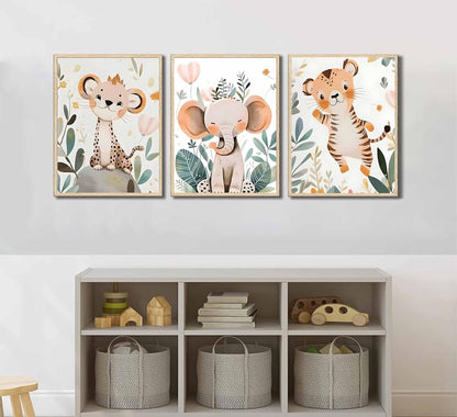 3 Pcs Safari Animals Nursery Canvas Wall Art Jungle Animals Cheetah Elephant Tiger Kids Room Illustration Pictures Wall Decor Posters Print Artwork for Classroom Boy's Girl's Room Bedroom