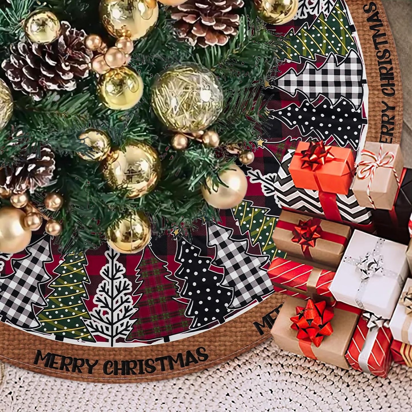 Christmas Tree Skirt 36 Inch, Red and Black Buffalo Plaid Xmas Tree Skirts, Winter Christmas Trees Mat for Home Party Holiday Indoor Outdoor Decorations
