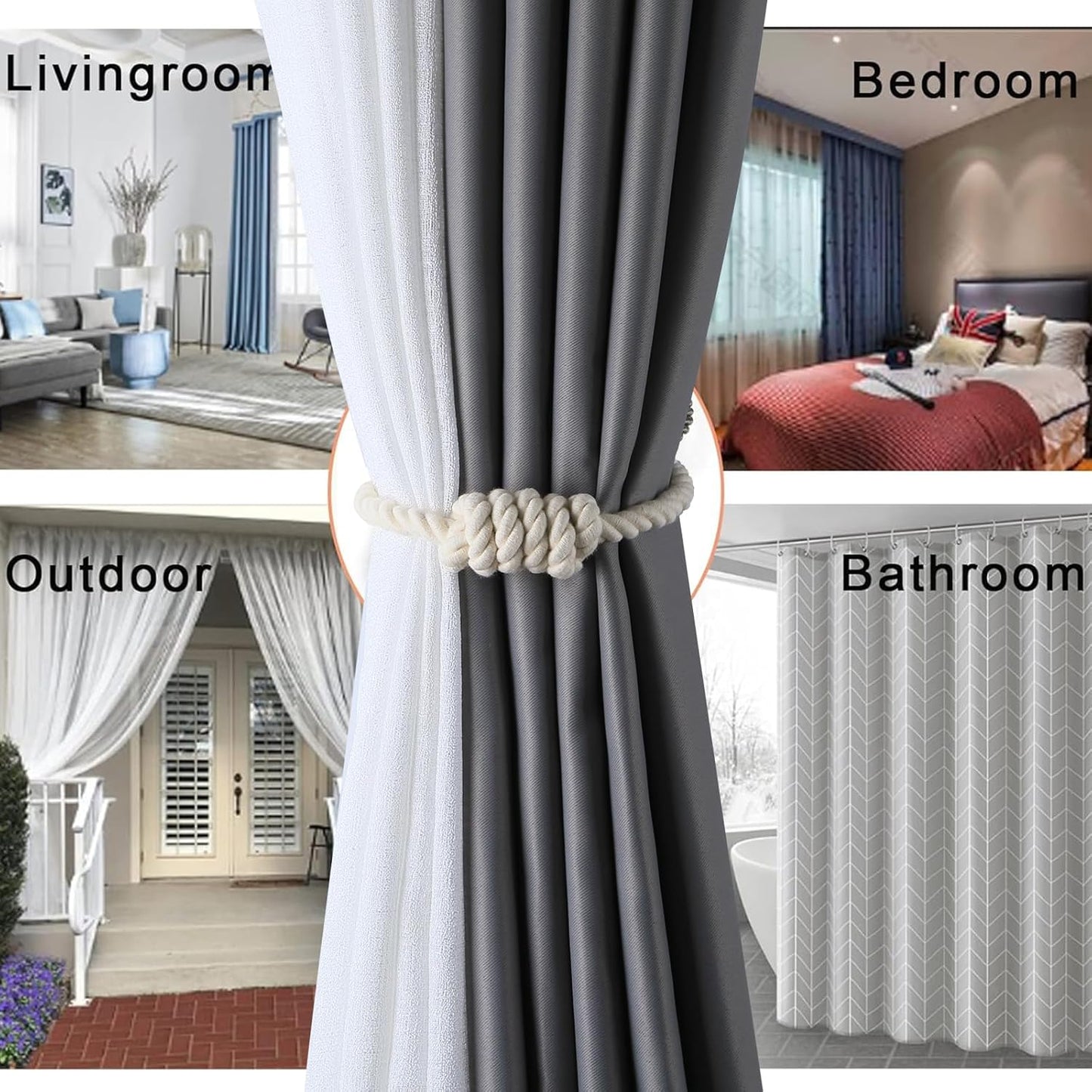 Fenghuangwu 4Pack Magnetic Curtain Tiebacks – Bohemian Style Handmade Woven Tie-Backs for Drapes,Elegant Exquisite Knot Holdbacks,Outdoor Boho & Modern Home Decor（Black