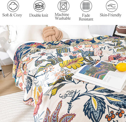 Snycler Boho Throw Blanket for Bed, 100% Organic Cotton Muslin Soft Throw-Floral Farmhouse Rustic Spring Summer Fall Decor Blanket for Couch Sofa Quilt and Gift, 80" x 90" White