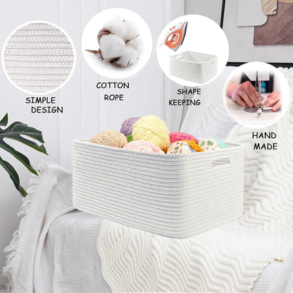 COMFY-HOMI Cotton Rope Woven Basket with Handles for Shelves,Toys,Book, Cloth Storage Baskets for Organizing-17" x 13" x 7.5" Toy Decorative Organizer for Living Room, Bathroom （All White）