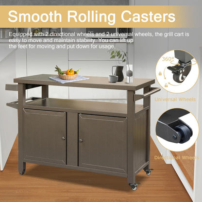 Domi Grill Carts Outdoor Storage Cabinet with Wheels, Metal Outdoor Grill Kitchen Table Dining Cooking Prep BBQ Table for Patio, Kitchen Island, Home Party, Bar (Brown)