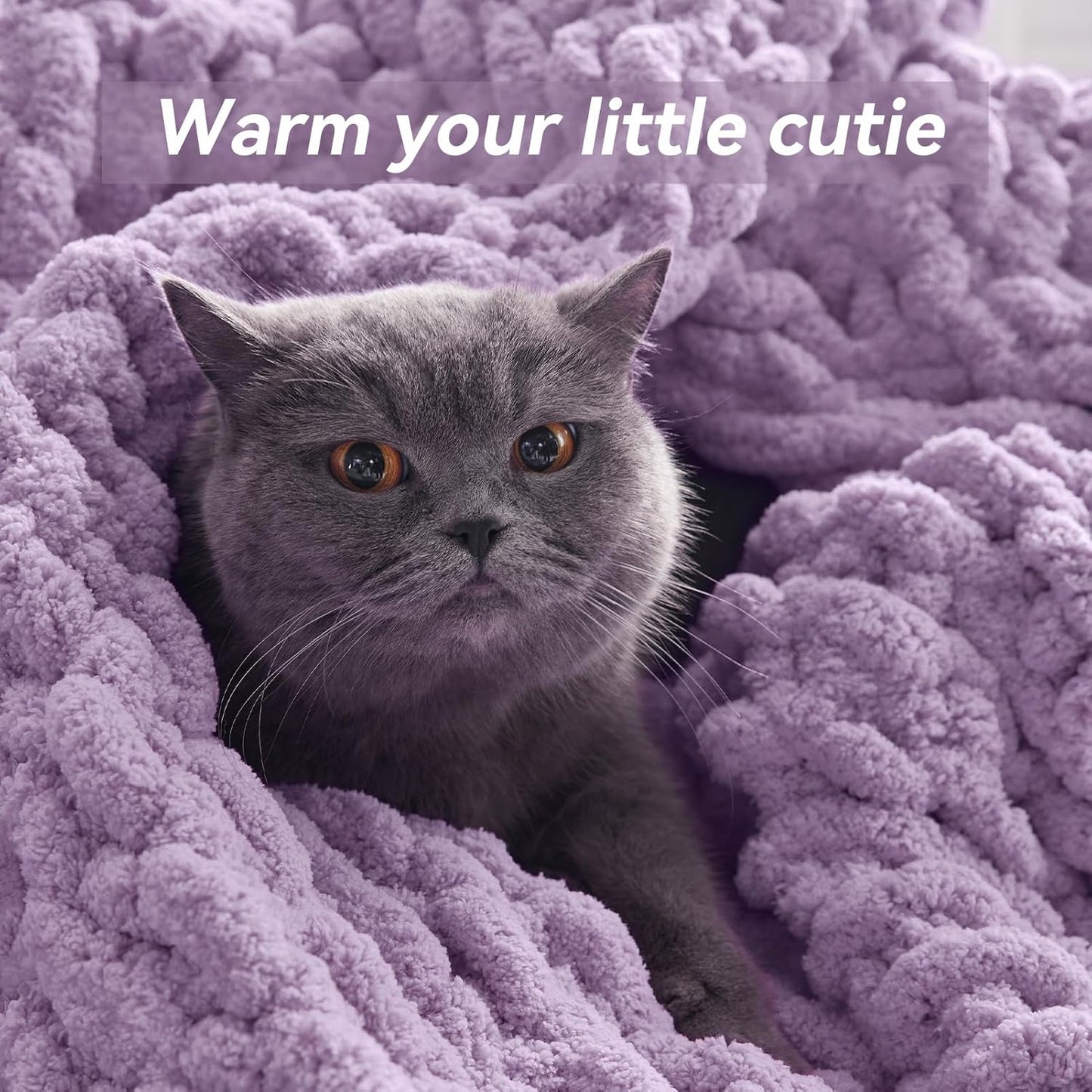 Chunky Knit Throw Blanket, 30''*40'' Knitted Throw Chenille Yarn for Bed Couch, Handmade Light Purple Crochet Big Thick Blanket, Machine Washable Cute Comfy Blanket for Home Decor