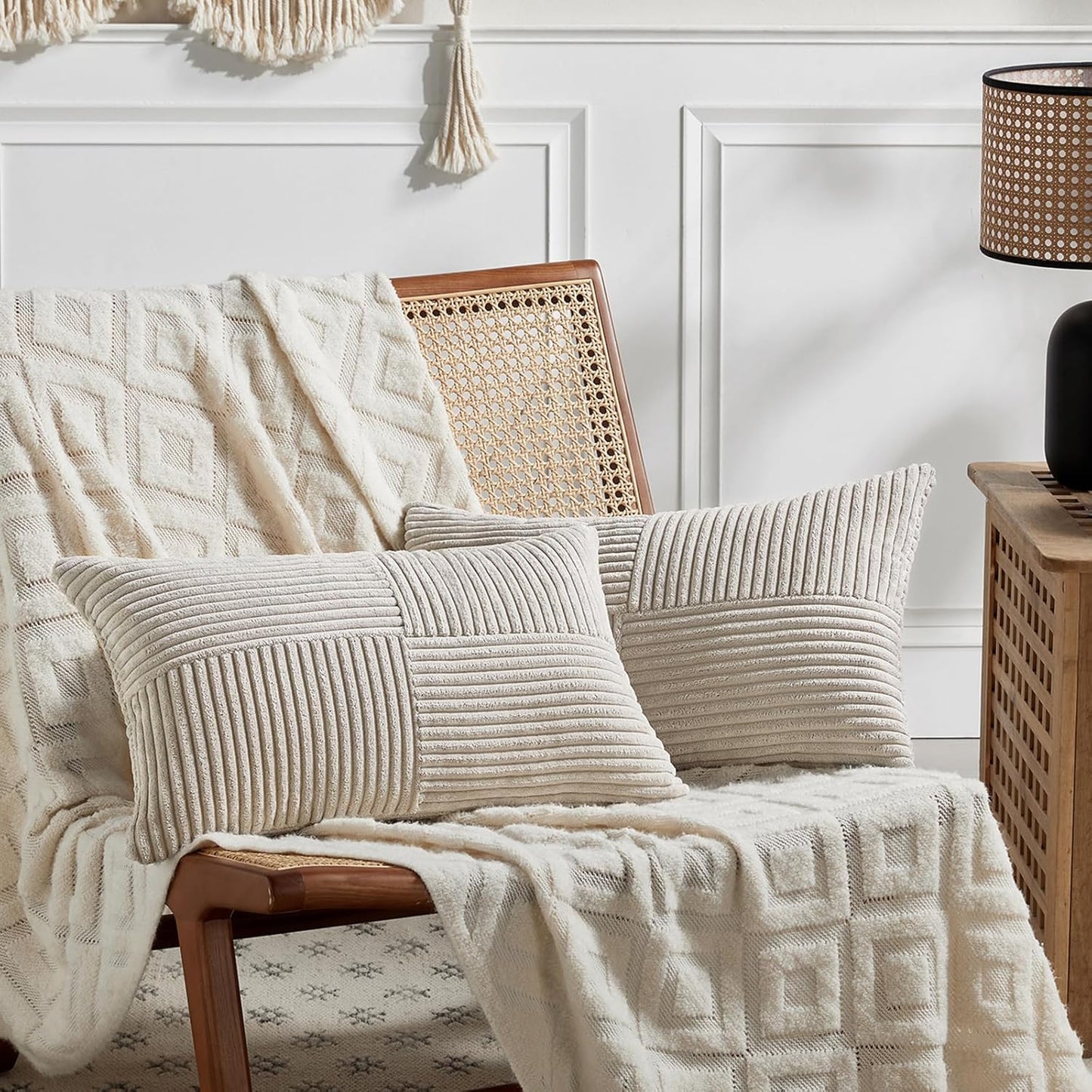 Fancy Homi 2 Packs Neutral Taupe Long Lumbar Decorative Throw Pillow Covers 16x24 Inch for Couch Bed, Rustic Farmhouse Boho Home Decor, Soft Striped Corduroy Rectangle Accent Cushion Case 40x60 cm