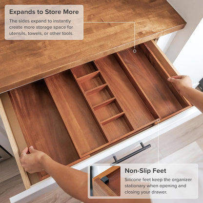 Adjustable Kitchen Drawer Organizer for Utensils and Junk, Food-Safe Contract Grade with 100% Sustainable Wood, Non-Slip, Expandable from 16" to 28" Wide - Natural Acacia