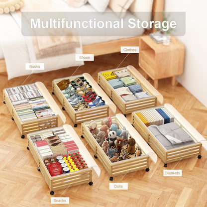 Under Bed Storage with Wheels-Large Bamboo Underbed storage Containers with Large Dust Bag Stackable Under the Bed Shoe Storage Bins for Clothes Books Bedding (2 Packs Nature, 33.07"L×16.54"W× 6.5"H)