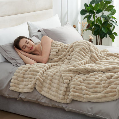 Amélie Home Faux Fur Throw Blanket for Couch, Cozy Fuzzy Fluffy Fur Luxurious Soft Striped Plush Gift Blankets for Family Sofa Chair Bed Living Room Bedroom, 60"x80", Beige