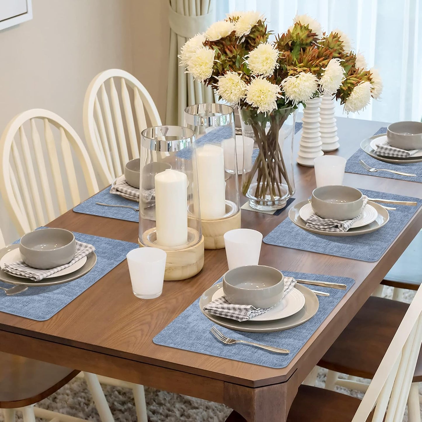 Maxpearl Faux Leather Placemats Set of 6 - Waterproof - Wipe Clean - Heat Resistant - Anti Slip Dining Table Place Mats, Suitable for Indoor & Outdoor Use, 17’’×12’’, Blue