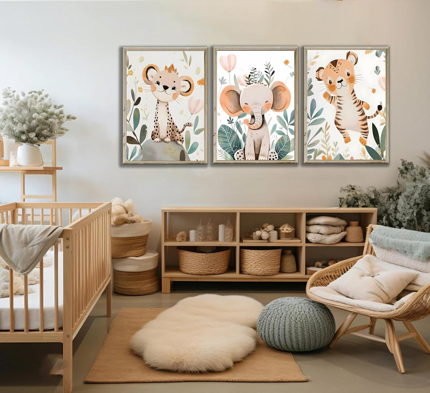 3 Pcs Safari Animals Nursery Canvas Wall Art Jungle Animals Cheetah Elephant Tiger Kids Room Illustration Pictures Wall Decor Posters Print Artwork for Classroom Boy's Girl's Room Bedroom