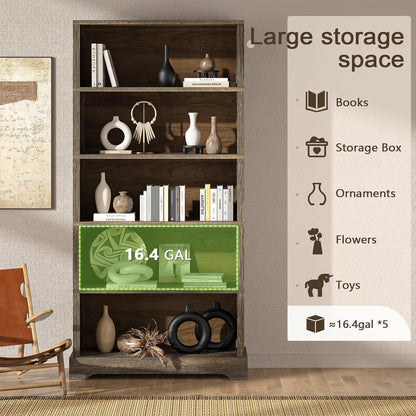 TVU 5-Shelf Wood Bookcase, 65 Inch Tall Bookshelf with Storage, Floor Standing Display Book Shelf, for Living Room Bedroom Study Office, Rustic Brown