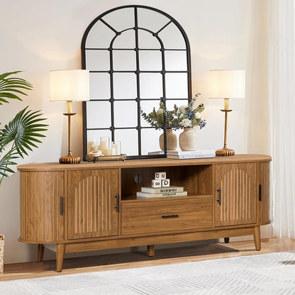 63" Fluted TV Stand for Tvs up to 70", Mid-Century Modern Entertainment Center with Drawers and Fluted Doors, Curved TV Media Console Table with Sliding Doors for Living Room, Bedroom (63")